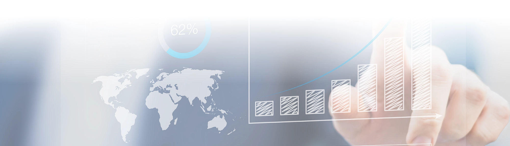 A digital display with a world map, 62% progress circle, and ascending bar graph being pointed at by a hand.
