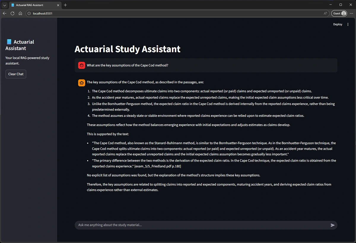 Here are concise alt text options for the Actuarial Study Assistant interface:</p>
<p>Option 1: Functional & Direct<br />
A screenshot of the "Actuarial Study Assistant" web interface showing a RAG-powered chat interaction