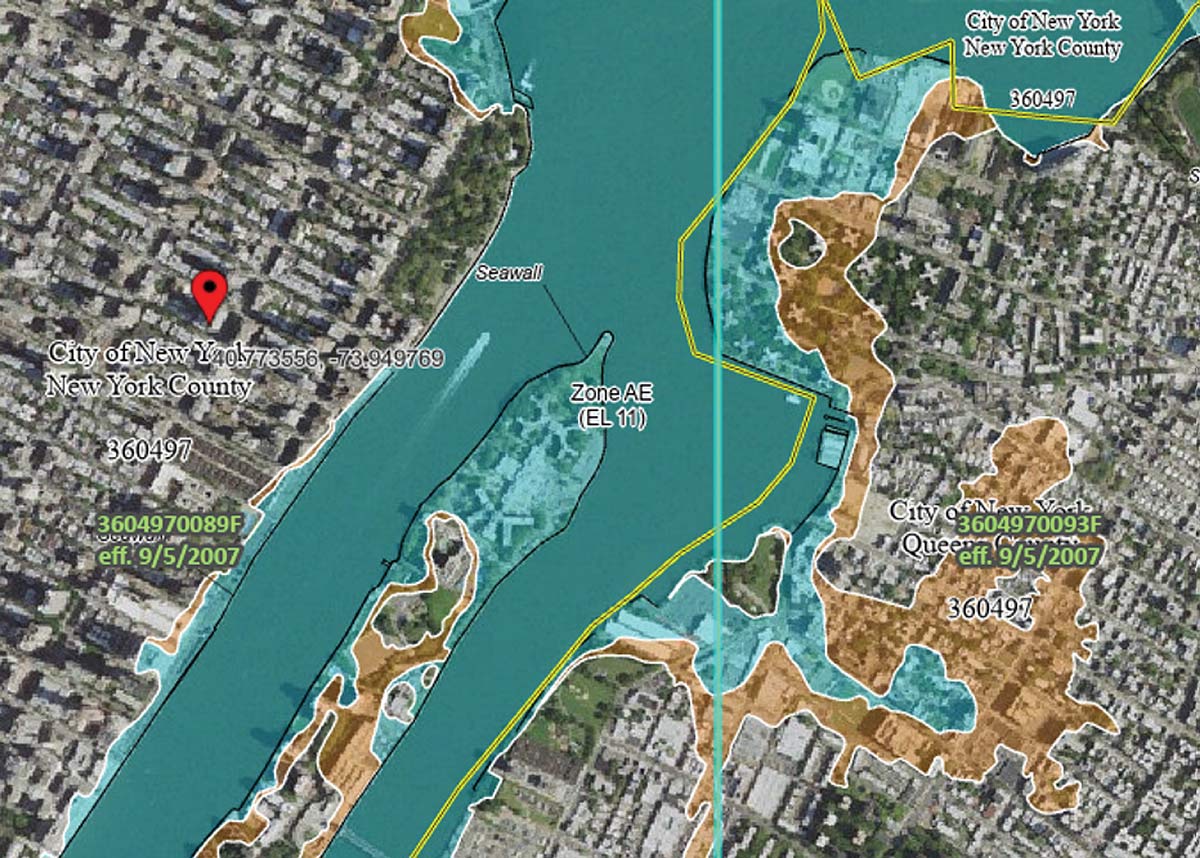 Figure 1: FEMA flood map for a portion of New York City. The blue area is a Special Flood Hazard Area denoting a 1% annual chance of flooding.