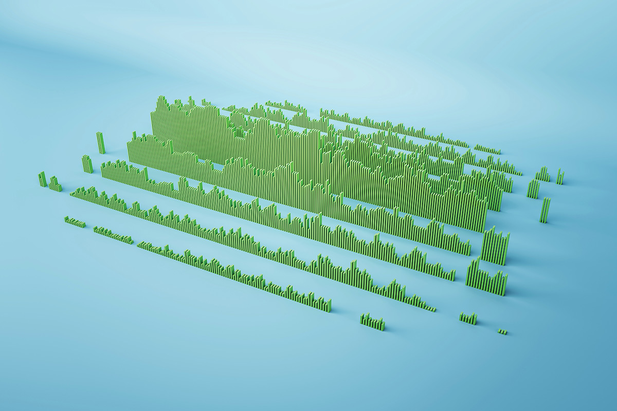 A 3D green bar graph data visualization on a blue background.