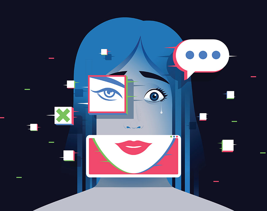 Crying woman's face with pixelated glitch elements, a smile mask, and chat bubbles
