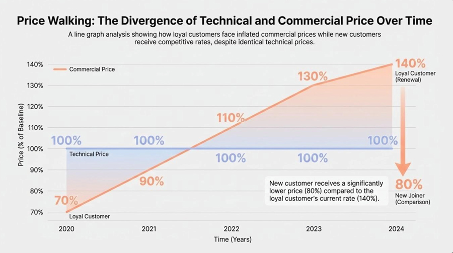 Line graph illustrating "price walking" where commercial prices for loyal customers rise over time.