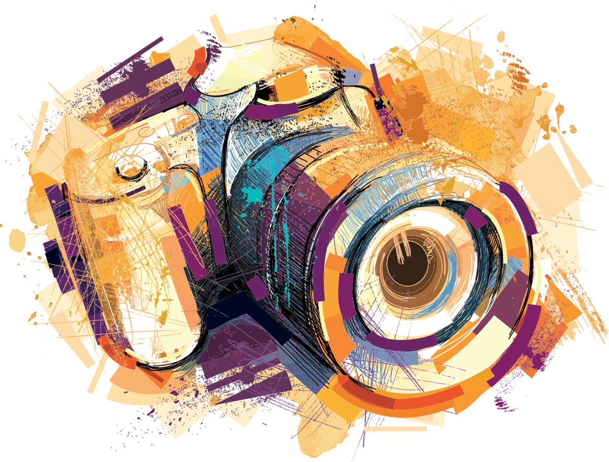 An abstract, colorful digital illustration of a camera, featuring expressive splatters and geometric shapes in orange, purple, and tan.