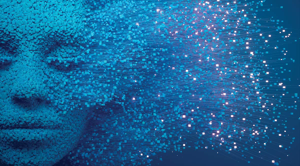 Digital blue human face composed of tiny cubes, dissolving on the right into a flurry of glowing light trails and particles.