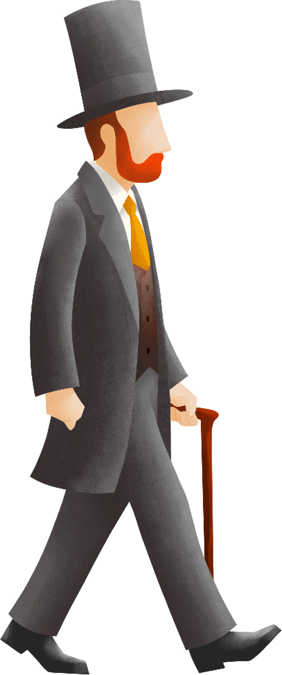 A standalone illustration of a gentleman in Victorian-era attire, including a grey frock coat, top hat, and walking cane.
