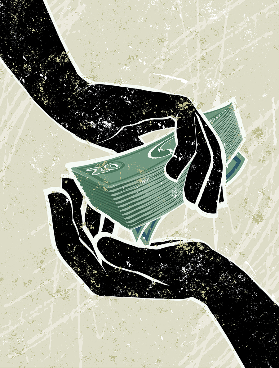 Illustration of one hand passing a large stack of cash to another hand.