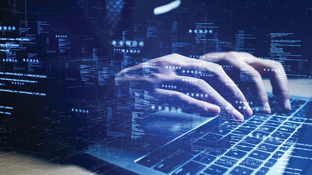 Digital graphic of a programmer's hands on a keyboard surrounded by flowing data and code.