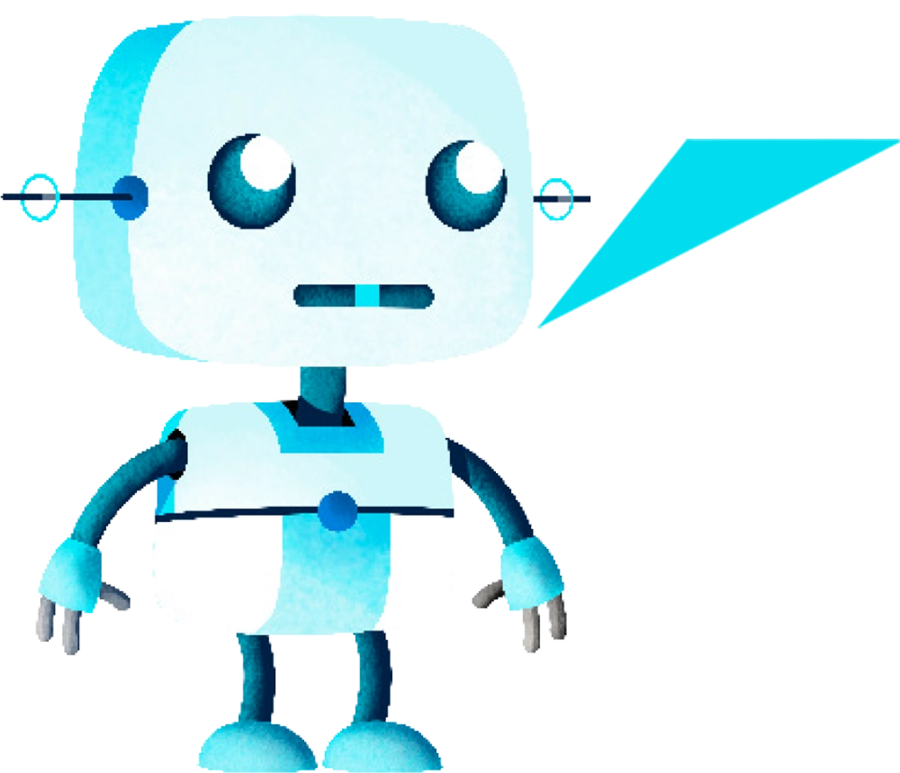 A close-up illustration of a cute blue and white robot with large eyes.