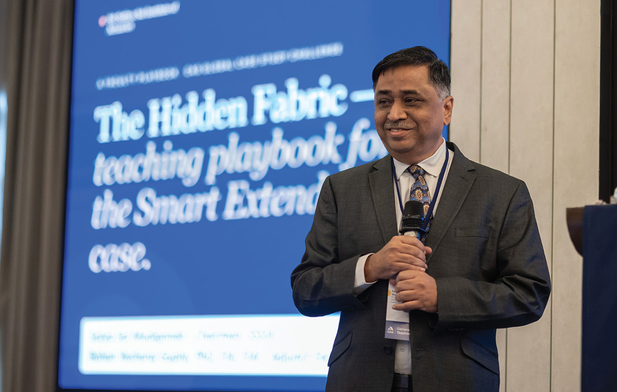 Sathya Sai Mudigonda gives a demonstration of a case study focused on extended warranties at the 2nd General Insurance Teaching Summit