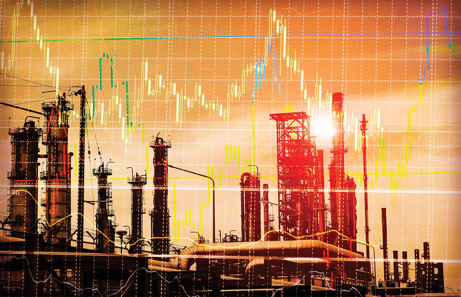An industrial refinery silhouette overlaid with digital financial charts and data graphs at sunset.