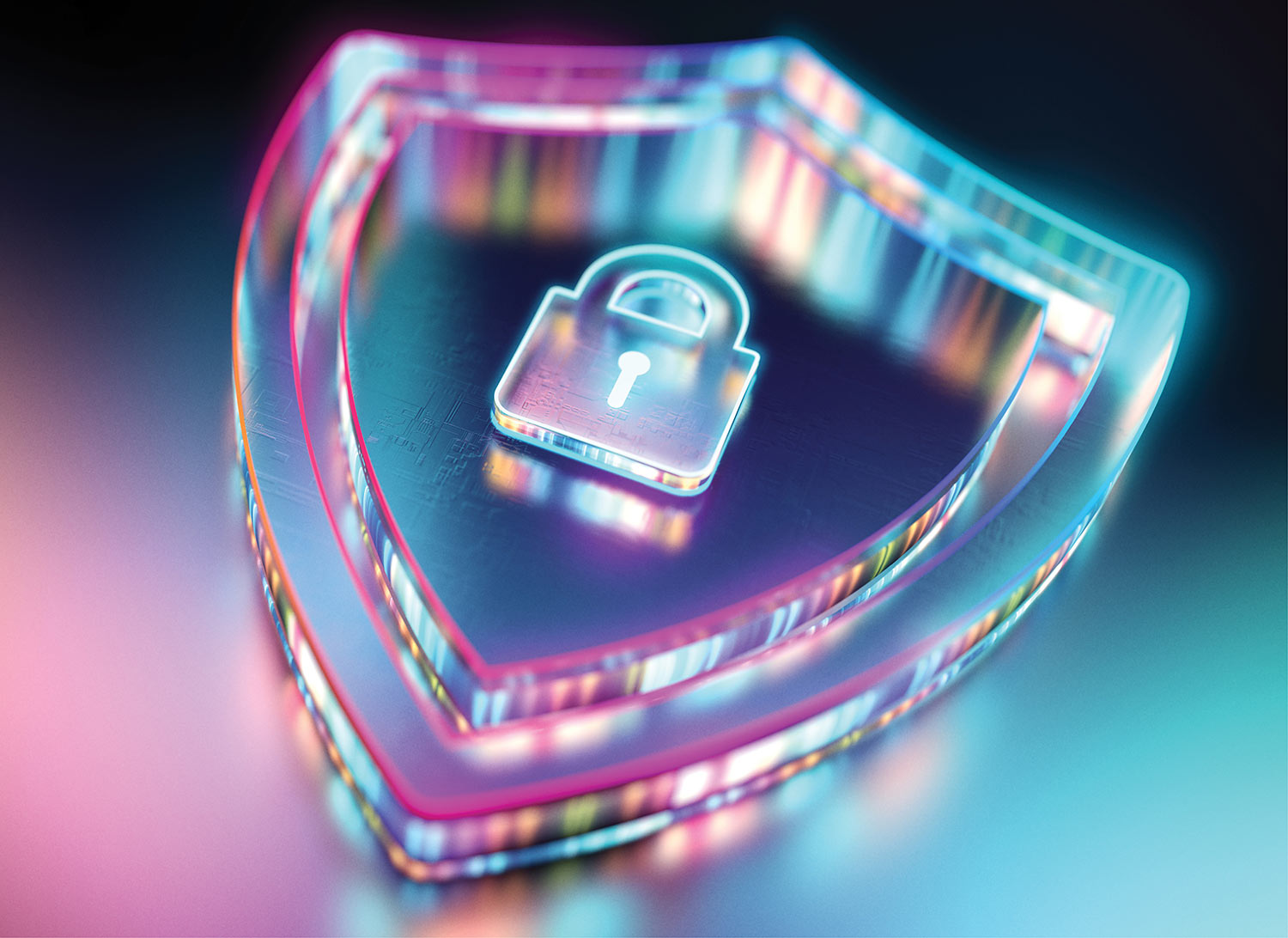 A glowing, translucent glass shield with a digital padlock icon, symbolizing cybersecurity protection.
