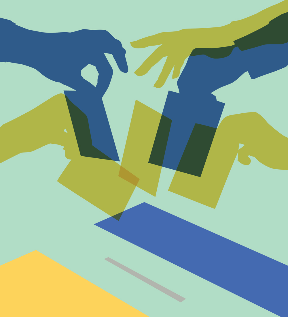 Stylized hands in various colors interacting with overlapping rectangular shapes against a green background, suggesting collaboration or selection.