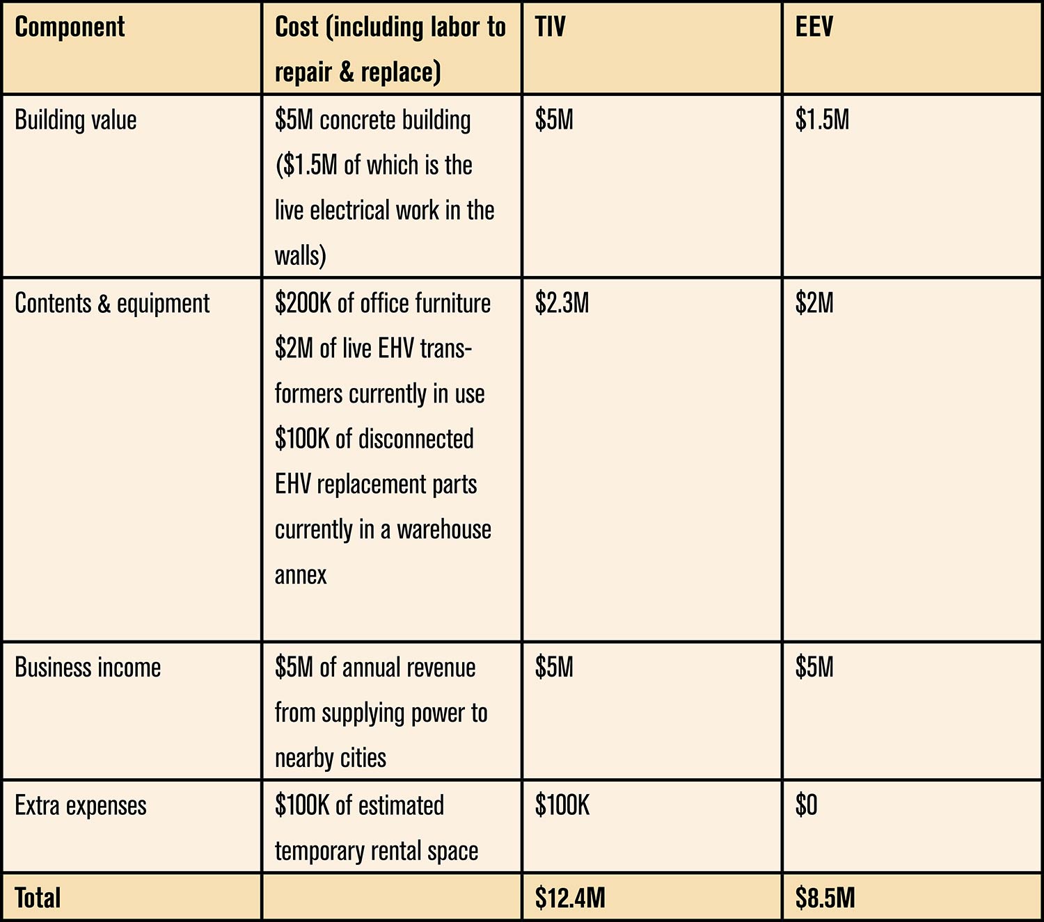 Financial data table breaking down total insured value and exposed electronic value by component.